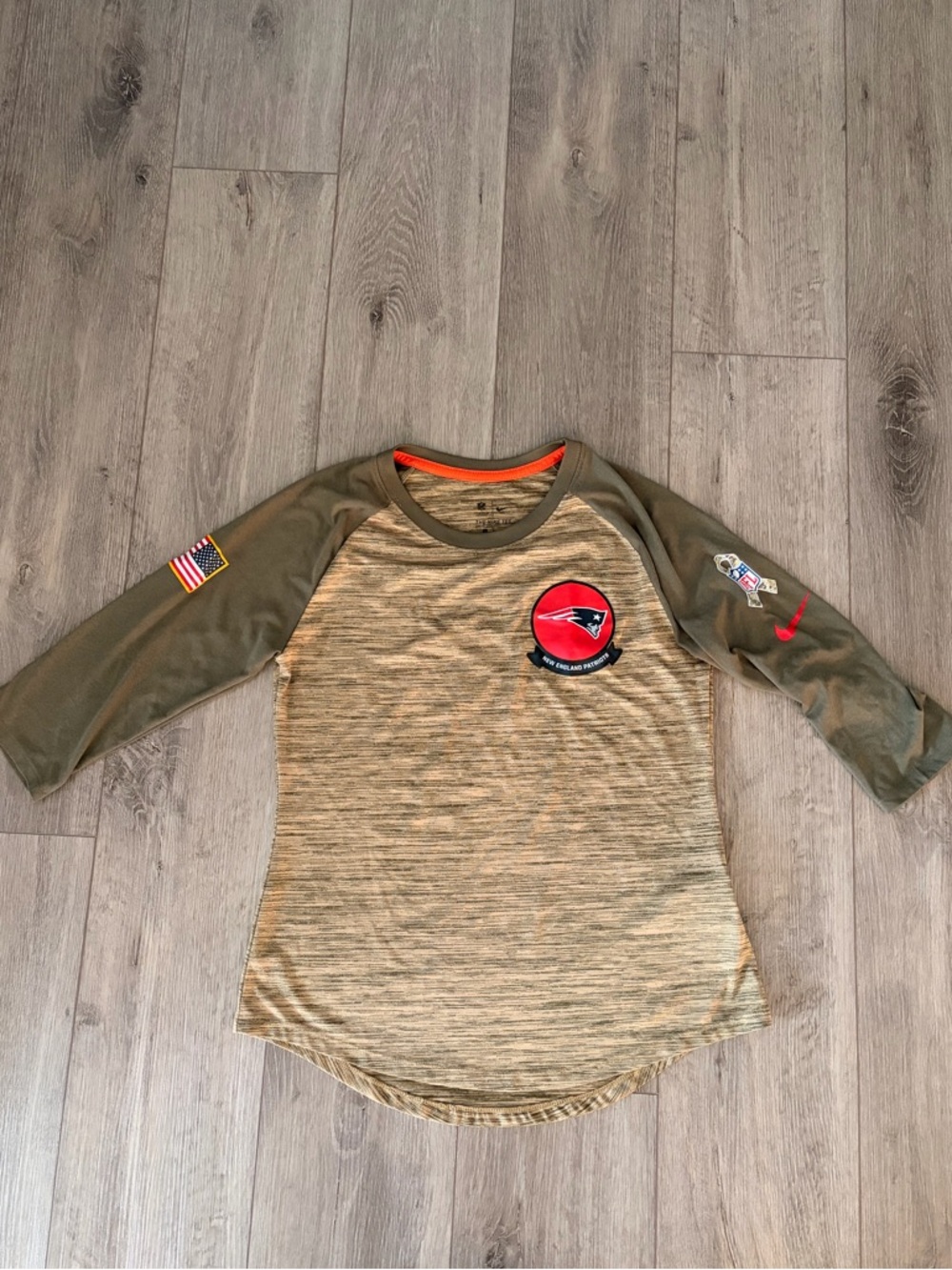 Nike Patriots Olive and Tan Raglan 3/4 Sleeve Tee